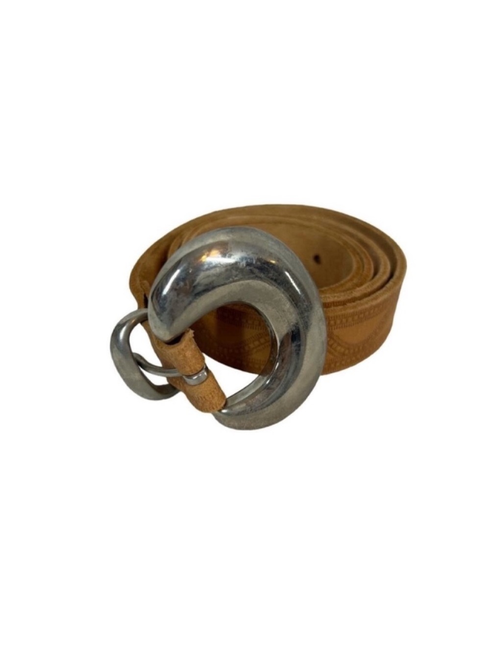 vintage tan etched Leather belt with round chunky metal buckle